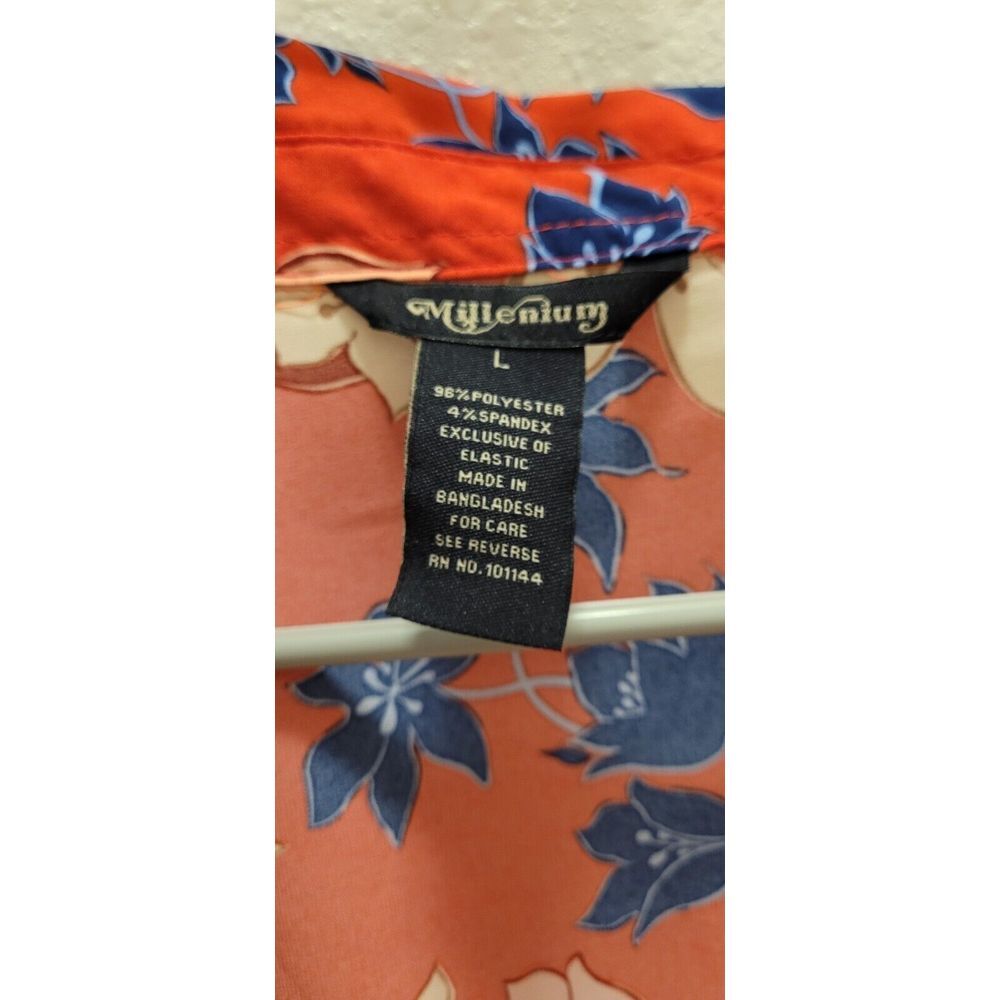 Millenium large women's red yellow blue floral Dress. Elastic Waist belt. Collar - Picture 4 of 7